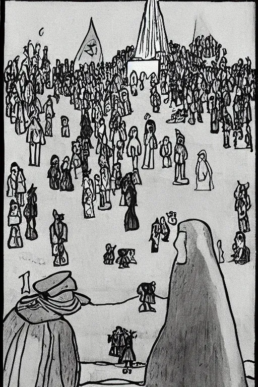Prompt: Artwork by Tove Jansson of the cinematic view of the Cenotaph of Ever-changing Blasphemy.