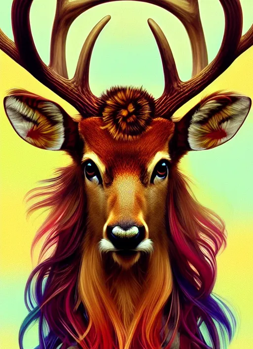 Image similar to symmetry!! portrait of antlered deer wearing a colorful beanie!, ( piercings ), intricate, elegant, highly detailed, digital painting, artstation, concept art, smooth, sharp focus, illustration, art by artgerm and greg rutkowski and alphonse mucha, 8 k