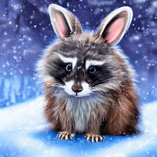 Image similar to cute fluffy hybrid animal cross between raccoon and lop eared bunny rabbit sitting in snowy winter landscape detailed painting 4 k