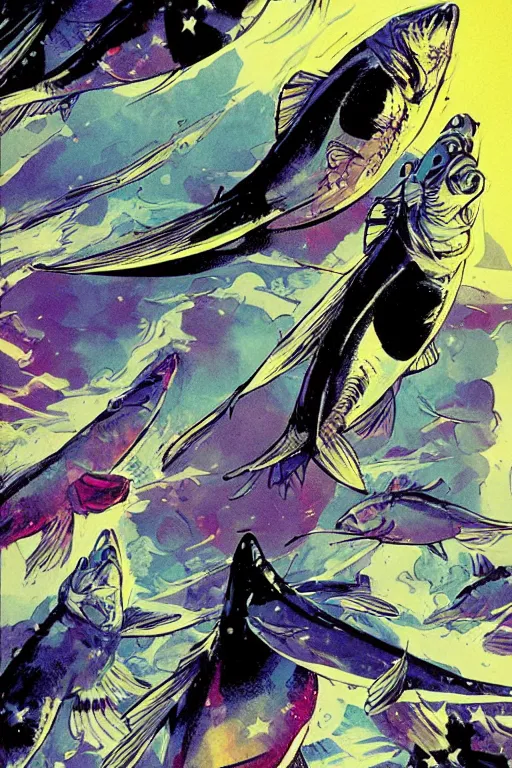 Image similar to fish flying through the sky, graphic novel, high contrast, by bill sienkiewicz