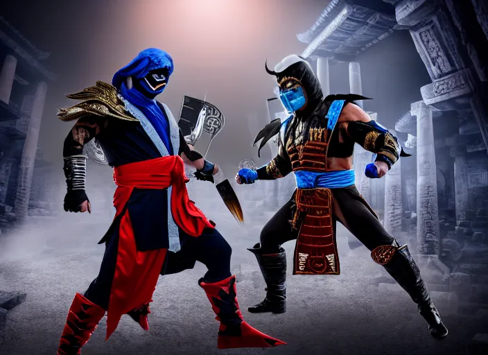 Image similar to trump dressed as scorpion fights biden dressed as sub zero in mortal kombat on the background of an ancient temple with a giant shao kahn laughing. fantasy magic style. highly detailed 8 k. intricate. lifelike. soft light. sony a 7 r iv 5 5 mm. cinematic post - processing