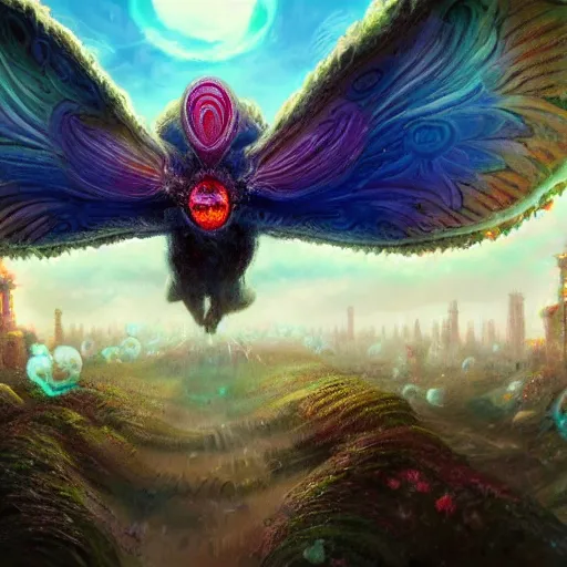 Image similar to 8K headshot Portrait of centered chest up of a psychedelic godlike mothman with giant mandala wings smoking heavily , magic mushroom village in background , post-processing , award winning. superb resolution. in the art style of Tony Takezaki and Greg Rutkowski . Detailed Mushroom city in background. Hyper realistic anime. Perfect art. Dalle2