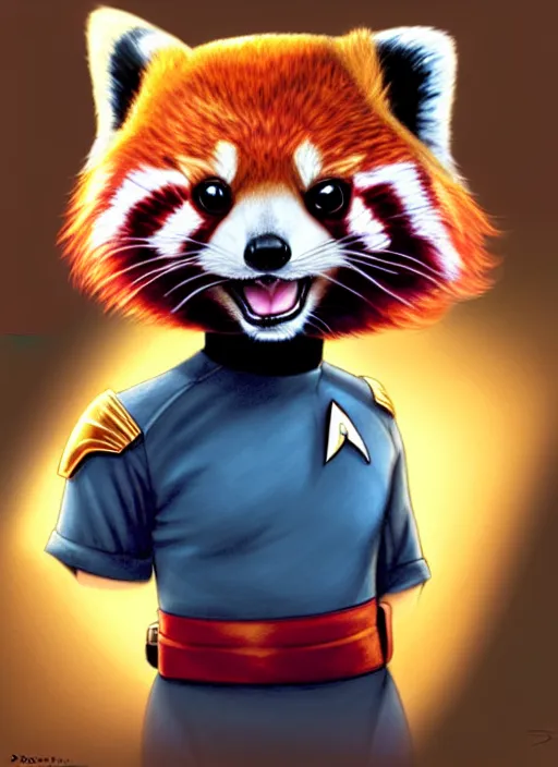 Image similar to cute star trek officer red panda, natural lighting, path traced, highly detailed, high quality, digital painting, by don bluth and ross tran and studio ghibli and alphonse mucha, artgerm