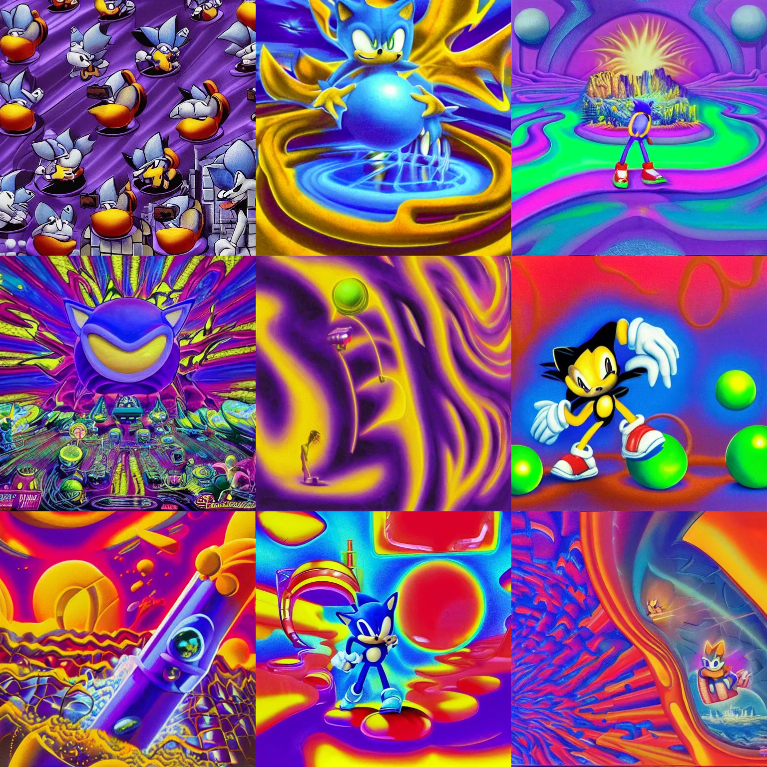 Prompt: dreaming of sonic the hedgehog closeup portrait lava lamp claymation scifi matte painting landscape of a surreal alex grey, sonic retro moulded professional soft pastels high quality airbrush art album cover of a liquid dissolving airbrush art lsd sonic the hedgehog swimming through cyberspace purple checkerboard background 1 9 8 0 s 1 9 8 2 sega genesis video game album cover
