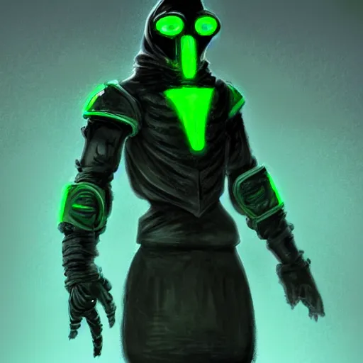 Image similar to sci - fi plague doctor power armor, inhumanly tall, inhumanly thin, black plate clawed hands, beaked helmet, green glow eyes, green glowing trim, plague, disease, illustration, award winning, digital art, trending on artstation, incredible, highly detailed, fantasy, sci - fi