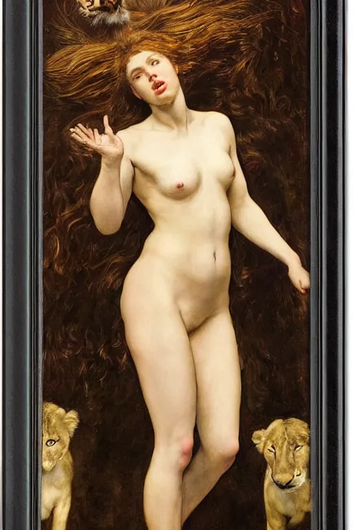 Image similar to scarlett johansson as a lion tamer by edgar maxence and caravaggio and michael whelan and delacroix