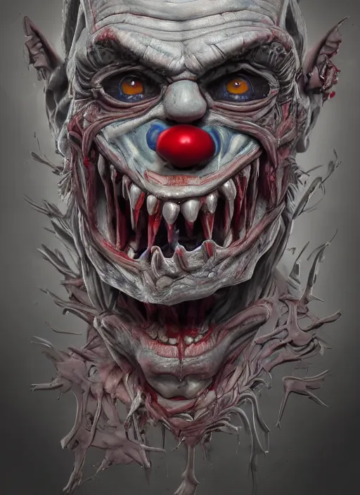 Image similar to evil horror clown, monster anatomy, ross tran, vivid colors, anatomical, highly detailed sculpture, intricate detailed, ommatidia, 8 k, cinematic atmosphere, post - processing