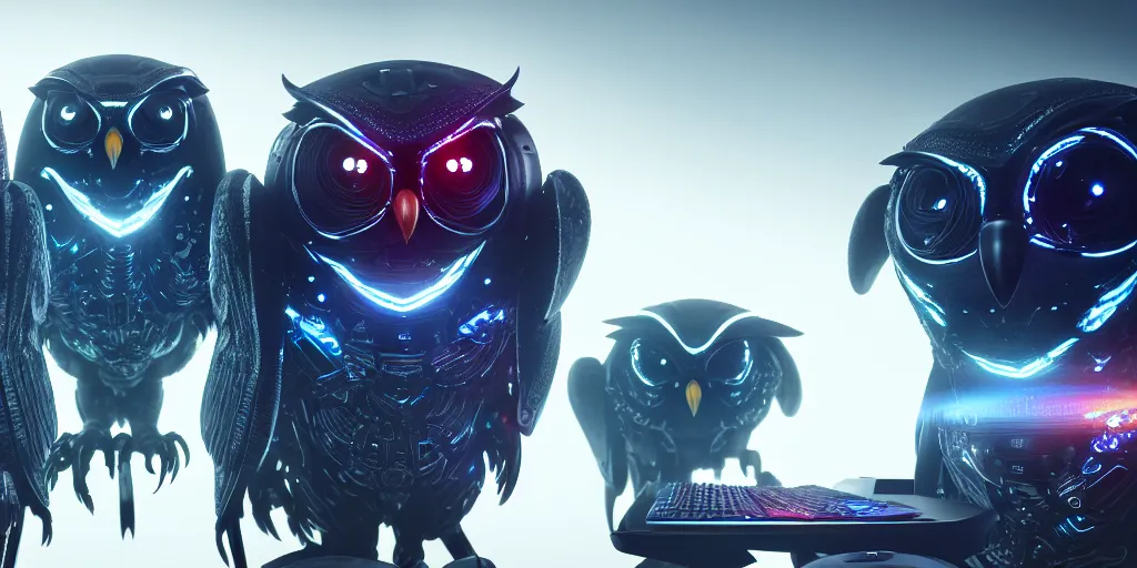 Image similar to an giant evil, malevolent, cyborg owls looking at a computer, surrounded by computer screens. this 4 k hd image is trending on artstation, featured on behance, well - rendered, extra crisp, features intricate detail and the style of unreal engine. volumetric lighting octane render