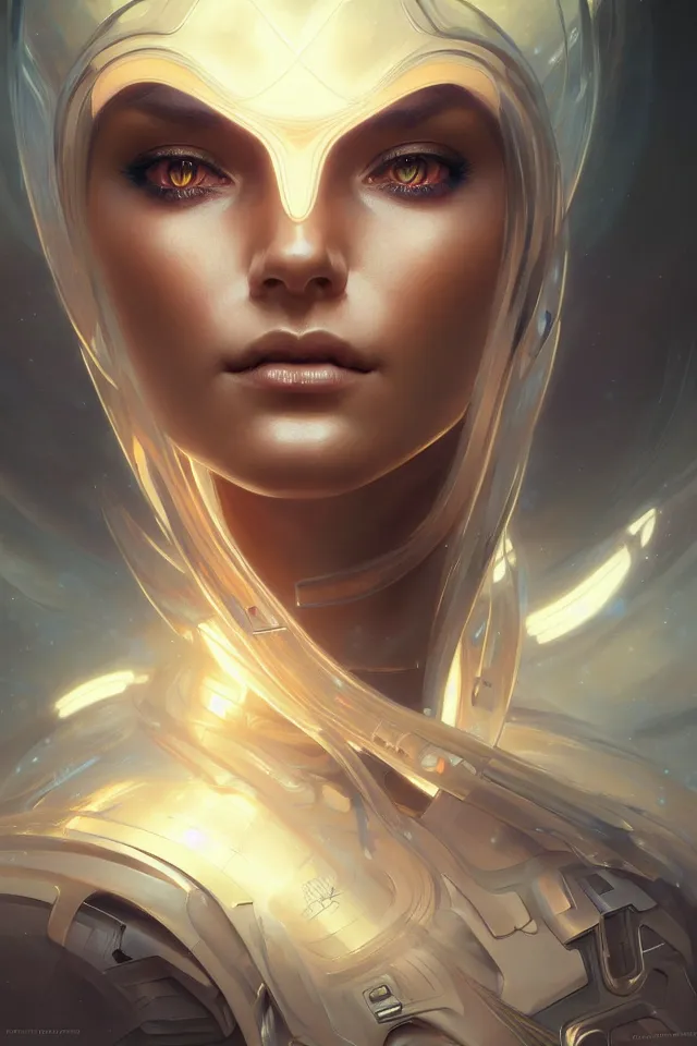 Image similar to futuristic woman portrait, sci-fi, amber eyes, face, long hair, fantasy, intricate, elegant, highly detailed, digital painting, artstation, concept art, smooth, sharp focus, illustration, art by artgerm and greg rutkowski and alphonse mucha