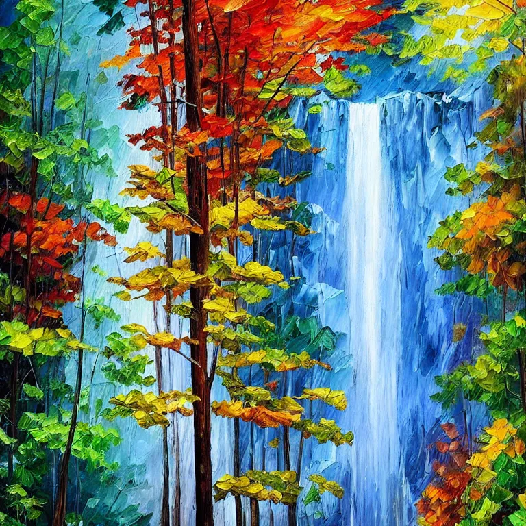 Image similar to A beautiful oil painting of a very tall waterfall on a very rocky cliff, in the middle of a huge forest of trees with bright blue glowing leaves, by Afremov