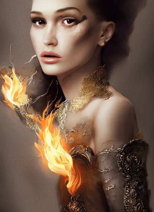 Prompt: fashion portrait with fire, female, 3d, future, torch, flame, harper's bazaar, vogue, fashion magazine, intricate, concept art, close up, ornate, luxury, elite, elegant, trending on artstation, by ruan jia, by Kenneth Willardt, by ross tran, by WLOP, by Andrei Riabovitchev,