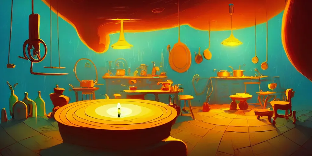 Prompt: massurrealism, weird perspective, cel shading, epic detailed illustration of a kitchen dim lit by 1 candle in a scenic spiral environment by anton fadeev from lorax movie, trending artstation