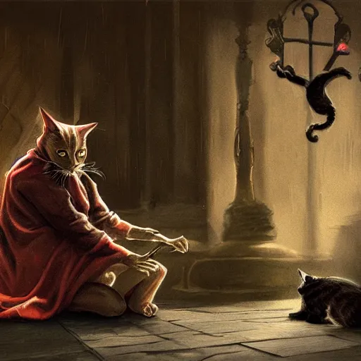 Image similar to concept art, devil offers money to a cat, high quality, detailed, eerie atmospher