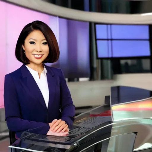 Image similar to a fullbody shot of a beautiful, asian - american female news anchor, with a bob cut, ultra hd, high definition, high quality, crisp, sharp, smooth, 8 k resolution