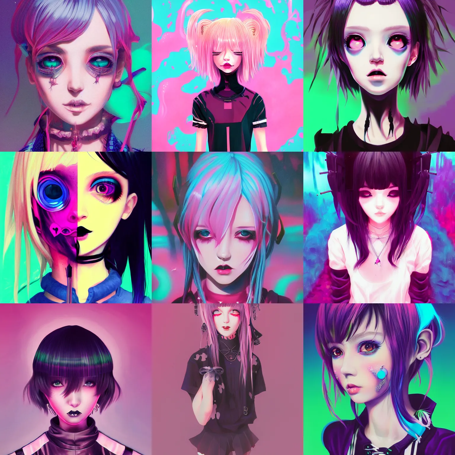 Prompt: 9 0 s, yami kawaii pastel goth aesthetic, creepy gothic 3 / 4 portrait, vaporwave colors, anime, futuristic, hyperrealistic painting, by stanley twardowicz, ilya kuvshinov, rossdraws, trending on artstation