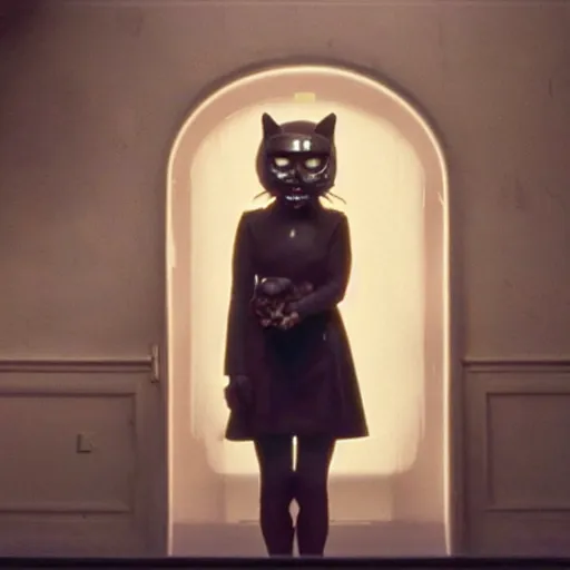 Image similar to movie still of a girl with a cyborg cat helmet, cinematic composition, cinematic light, by edgar wright and david lynch