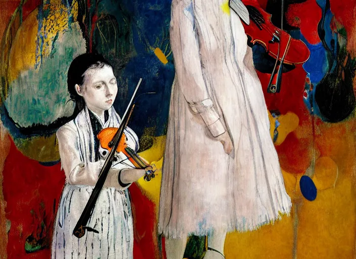 Prompt: girl standing with violin down painted by vincent lefevre and hernan bas and pat steir and hilma af klint, psychological, photorealistic, symmetrical face, dripping paint, washy brush, rendered in octane, altermodern, masterpiece