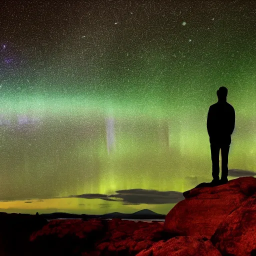 Image similar to 4K Epic Ultra HD detailed award-winning wallpaper silhouette of lonely man standing on rock looking at huge vast sky universe Milky Way aurora