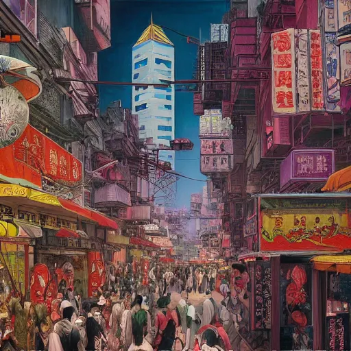 Image similar to art deco streets of the Undying Empire city of ya-Sattra during the Festival of Masks, award-winning realistic painting of cyberpunk Byzantine Hong Kong by Beszinski, Bruegel, and Yoshitaka Amano