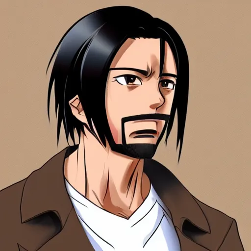 Prompt: A masculine middle aged man with tan skin, brown eyes, and hip-length, shiny, black hair, anime, manga