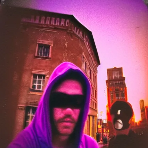 Image similar to selfie with a creepy hooded figure with multiple eyes in the busy street of Night Vale, sunset, violet tones, polaroid photo, by Warhol,