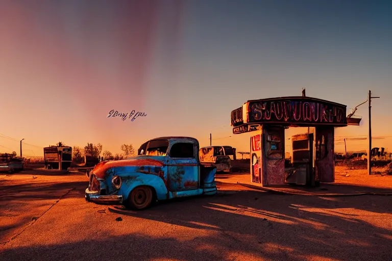 Image similar to a sunset light landscape with historical route 6 6, lots of sparkling details and sun ray ’ s, blinding backlight, smoke, volumetric lighting, colorful, octane, 3 5 mm, abandoned gas station, old rusty pickup - truck, beautiful epic colored reflections, very colorful heavenly, softlight