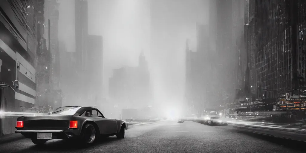 Image similar to retro futuristic car, city, atmospheric, hazy, cinematic, dark lighting, underexposed, cinematography by greig fraser,