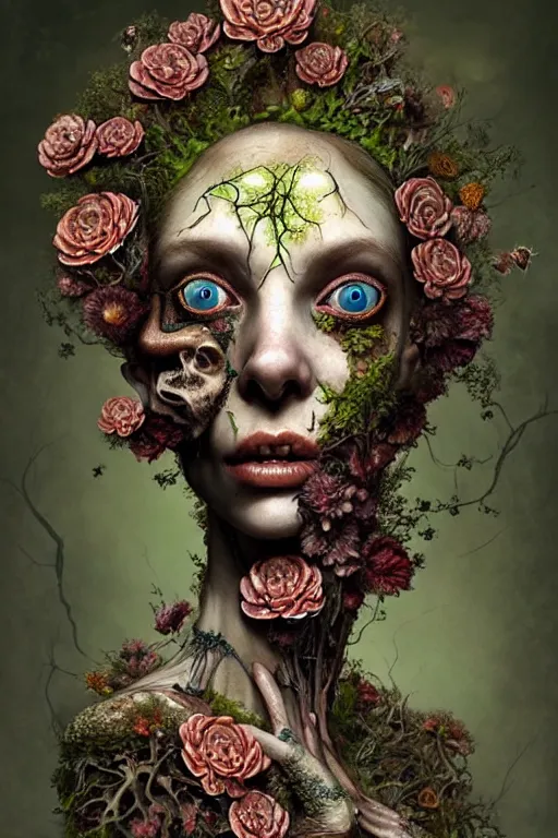 Image similar to beautiful and detailed rotten woman corpse with fractal plants and fractal flowers and mushrooms growing around, face muscles, veins, arteries, intricate, ornate, surreal, ray caesar, john constable, guy denning, dan hillier