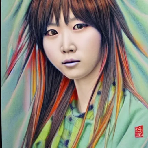 Prompt: crazily detailed portrait of Asuka Saito painted by a man after 8 hours. using color pencils. ultra vivid dream.
