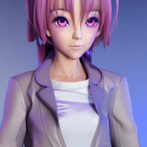 Prompt: portrait of a anime girl with purple jacket design by antonio mello, character modeling, toy design, substance 3 d painter, blender, mental ray, zbrush, soft vinyl, bio luminescent, maximalist sculpted design portrait, studio photo, 7 0 mm lens, trending in artstation