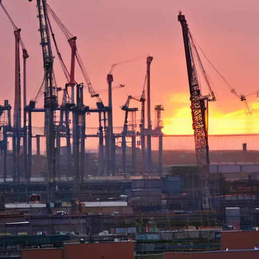 Image similar to The beauty of the sunset was obscured by the industrial cranes.