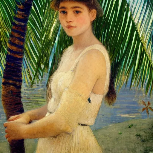 Image similar to a ultradetailed beautiful painting of a girl in the amazonas palace designed by jules bastien - lepage, hans belmer, frank weston and gustave baumann, beach, trending on artstation, mediterranean, palm trees, light sparkles, sharp focus, soft light, 8 k 4 k