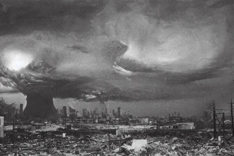 Image similar to nuclear explosion in a destroyed city during a thunderstorm, pictorialism, desolate