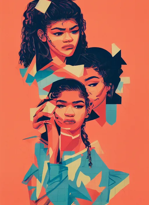 Prompt: Zendaya in Euphoria by Sachin Teng x Supreme :5 attractive, stylish, designer , asymmetrical, Matte Painting , geometric shapes, hard edges, graffiti, street art:2 Masterpiece, impressive detail, colorful, by Sachin Teng:4