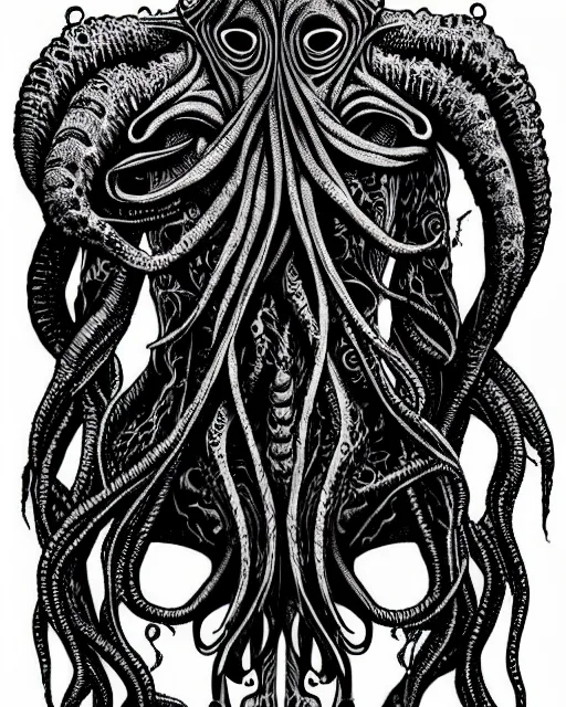 Image similar to cthulhu straitjacket!! black ink on paper, trending on artstation, beautiful, intricate, detailed