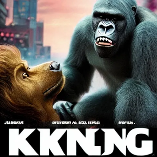 Prompt: movie poster of king kong petting a dog, high quality, high detail