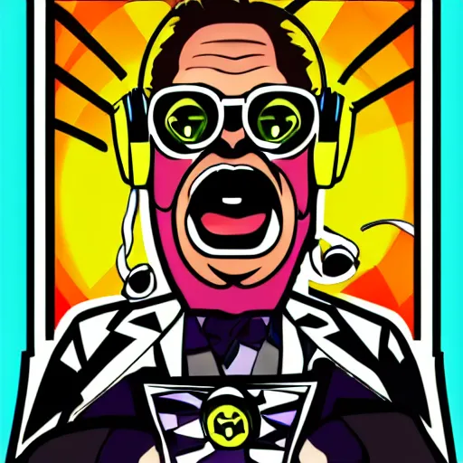 Image similar to svg vector sticker of absolutely insane-mad-scientist-villain, rocking out, wearing headphones, huge speakers, dancing, rave, DJ, spinning records, digital art, amazing composition, rule-of-thirds, award-winning, trending on artstation, featured on deviantart