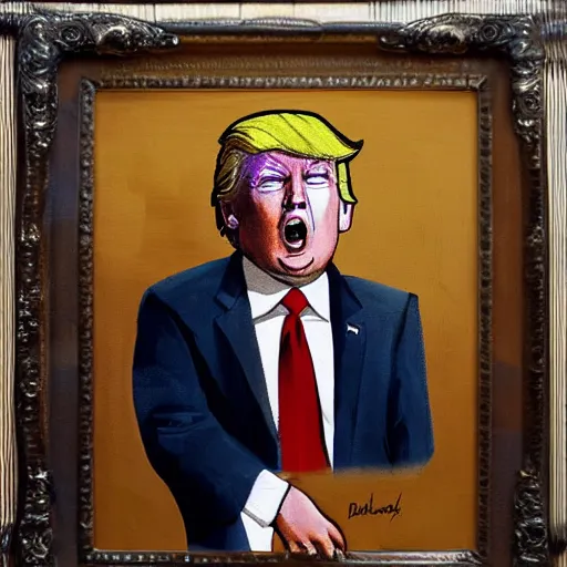 Image similar to donald trump as a little boy in tears, kitschy painting