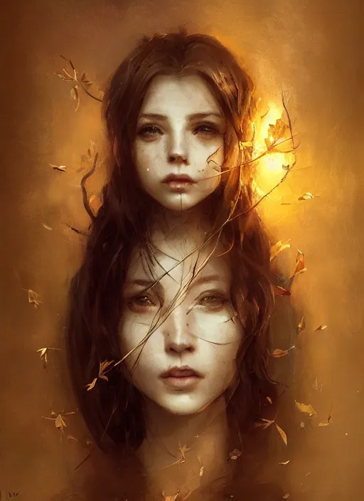 Image similar to golden leaves at frame border, creative composition for a book cover, moon, beautiful portrait painting by jeremy mann, a female witch absurdly beautiful, ultrafine hyperrealistic detailed face by wlop and artgerm and greg rutkowski, intricate linework, sharp focus, smooth, octopath traveler, final fantasy, unreal engine, dramatic lighting, ethereal, 8 k