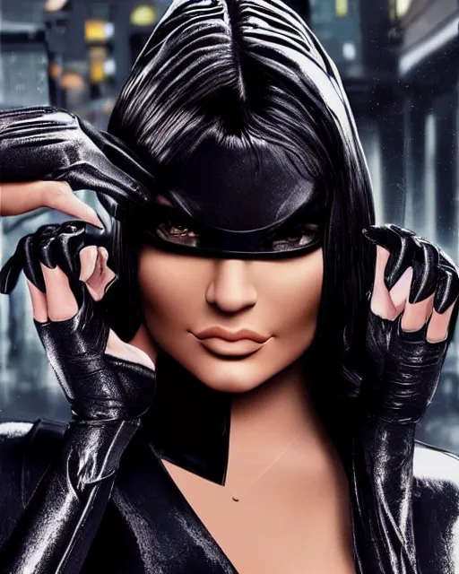 Prompt: kylie jenner as catwoman, sexy look, realistic digital art, a lot of detail