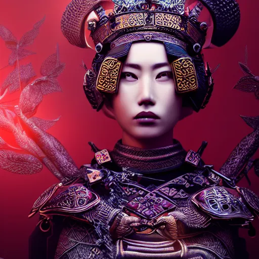 Image similar to queen of samurai, 4 k, intricate, jaw dropping, gorgeous, surreal, octane render