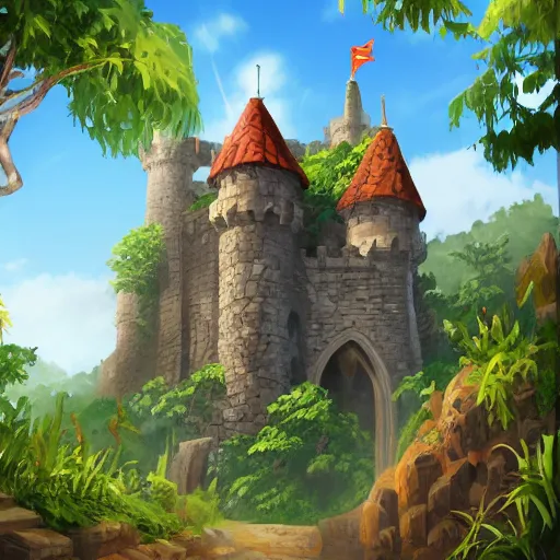 Prompt: medieval castle in the jungle, sots art, featured on polycount, concept art