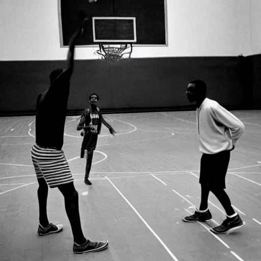 Prompt: photograph of two man playing basketball in a court in Harlem, circa 1975