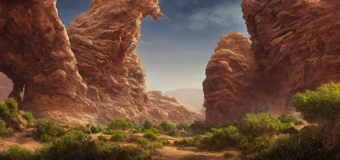 Image similar to beautiful utah desert, rock arcs, lush vegetation, landscape, alex ross, eddie mendoza, raphael lacoste, sebastian ludke, concept art, matte painting, highly detailed, rule of thirds, dynamic lighting, cinematic, detailed, magnificiant landscape, denoised, centerd