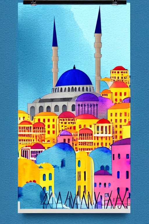 Prompt: minimalist colorful watercolor line art of istanbul, art deco, cityscape, matte drawing, poster art