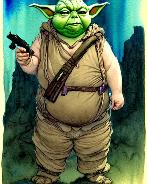 Image similar to a realistic and atmospheric watercolour fantasy character concept art portrait of a fat adorable dirty chibi yoda wearing a wife beater and holding a handgun, by rebecca guay, michael kaluta, charles vess and jean moebius giraud