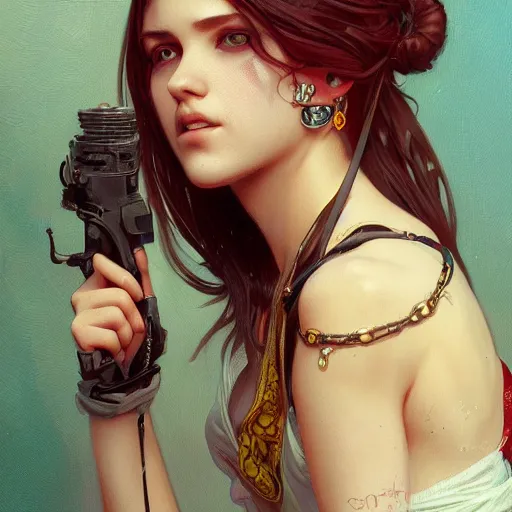 Image similar to highly detailed portrait of a punk young lady by by Artgerm,Greg Rutkowski,Alphonse Mucha, 4k resolution