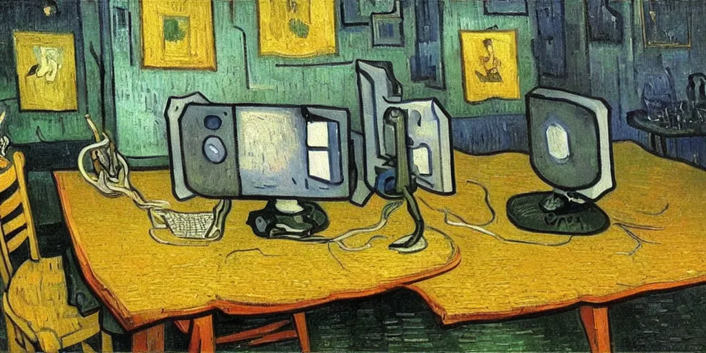 Image similar to An oil painting of a table with a computer on it, by Van Gogh