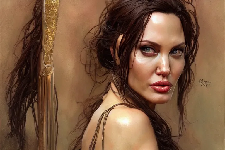 Image similar to a beautiful realistic painting of angelina jolie as xena, intricate, elegant, highly detailed, digital painting, artstation, concept art, by krenz cushart and artgem demura and alphonse mucha