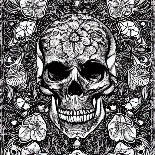 Image similar to detailed rotten skull corpse with fractal plants and fractal flowers and mushrooms growing around, symmetrical, ornate, ornamentation, illustration, in the style of onz _ blk, black and white